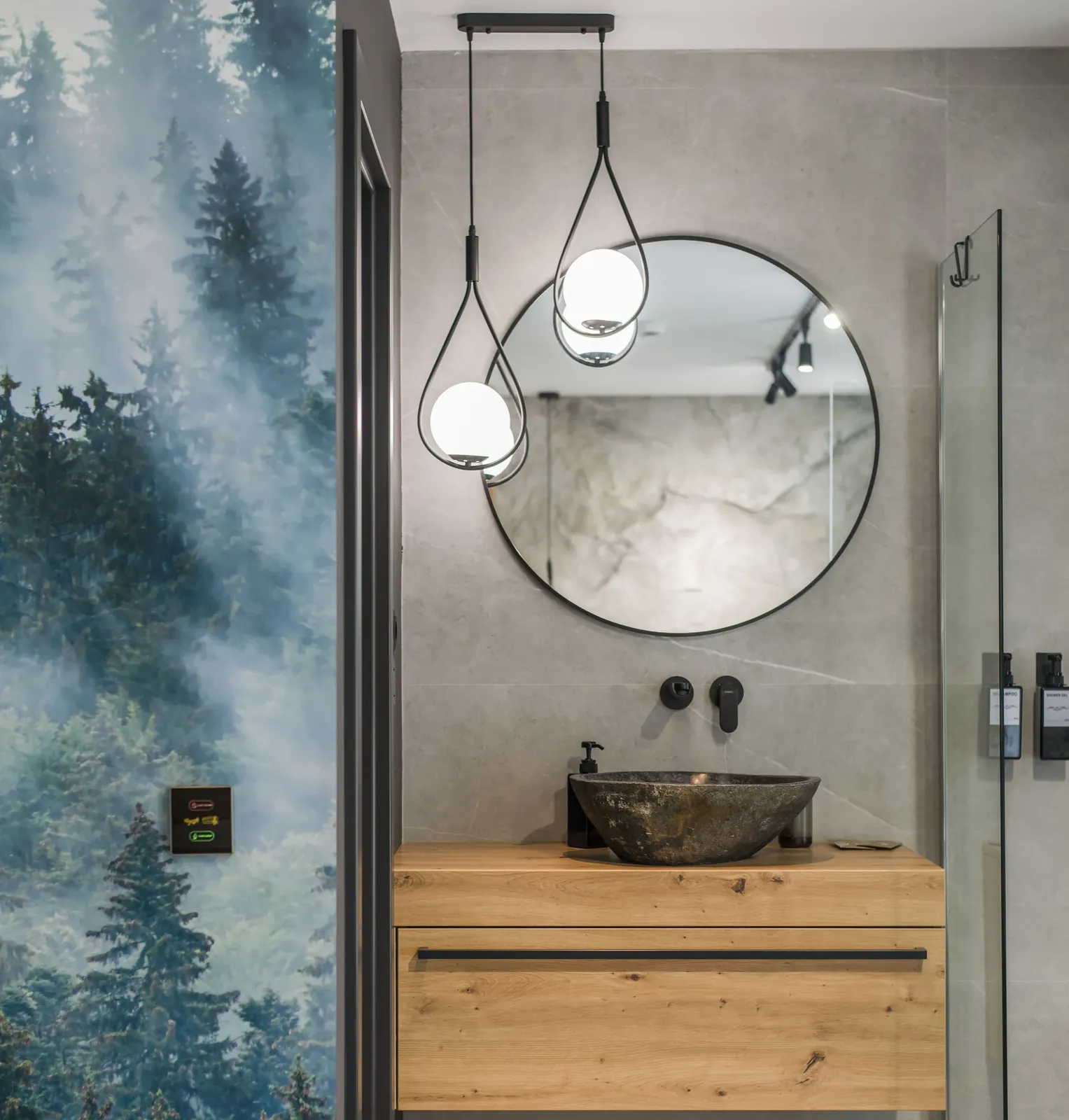 Bathroom with stone washbasin and fir-forest wallpaper, MAPAMONT Văliug accommodation