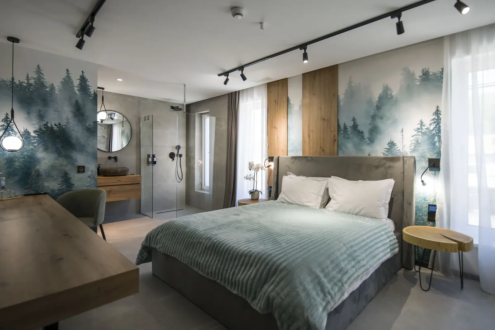 Double room with fir-forest wallpaper and walk-in shower, MAPAMONT Văliug