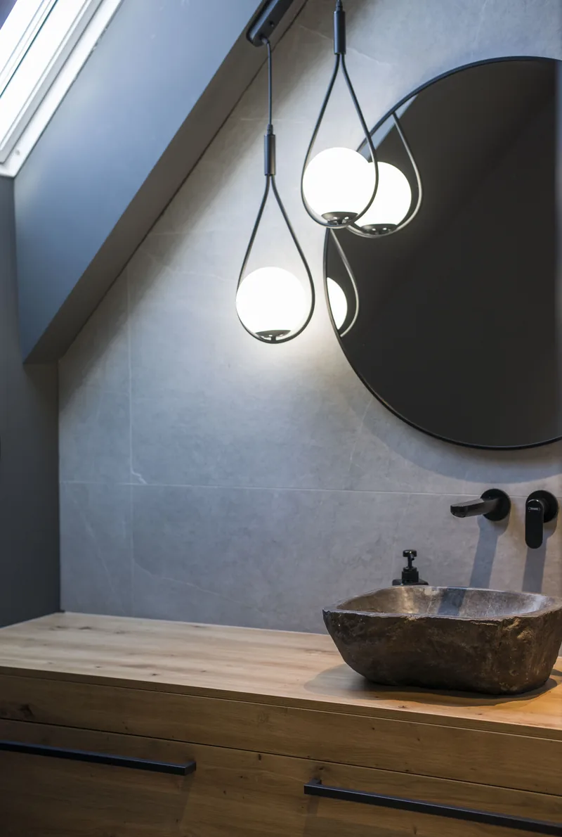 Natural stone washbasin detail with globe light fixtures, Standard Loft Room MAPAMONT Văliug