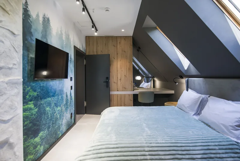 Wall with pine-forest wallpaper, TV and wooden wardrobe, Standard Loft Room MAPAMONT Văliug
