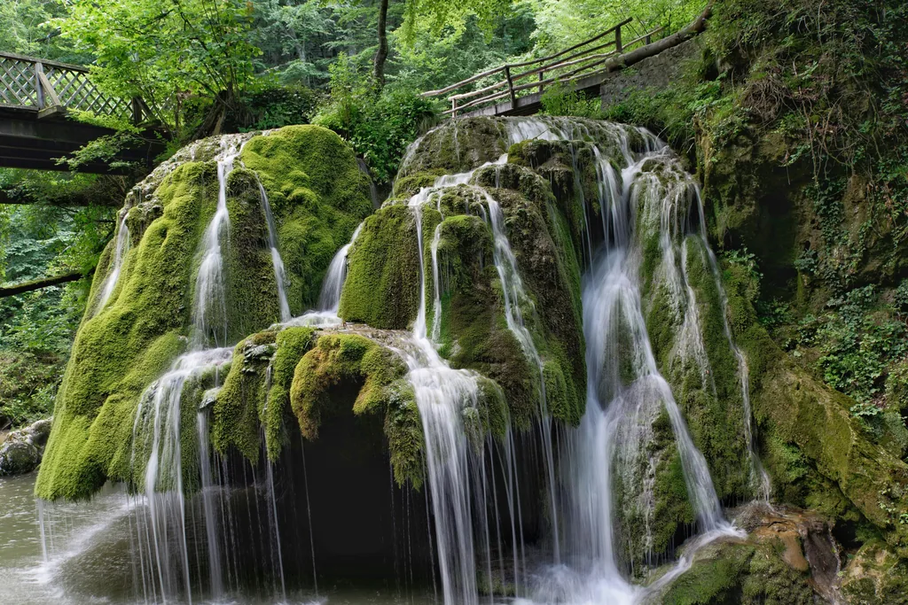 The wooden footbridge above the Bigăr Waterfall, in the Anina Mountains, Caraș-Severin