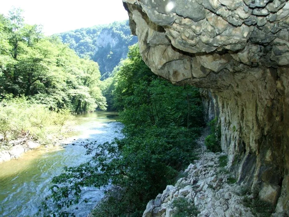 The Nera gorge, with limestone walls and a ledge path above the river, Nera Gorges-Beușnița
