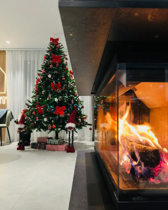Decorated Christmas tree and a fire in the fireplace, in the lounge of MAPAMONT guesthouse in Văliug