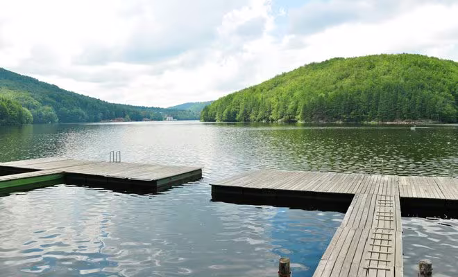 Gozna Lake with wooden pontoons and the dam in the background, Văliug, Semenic Mountains