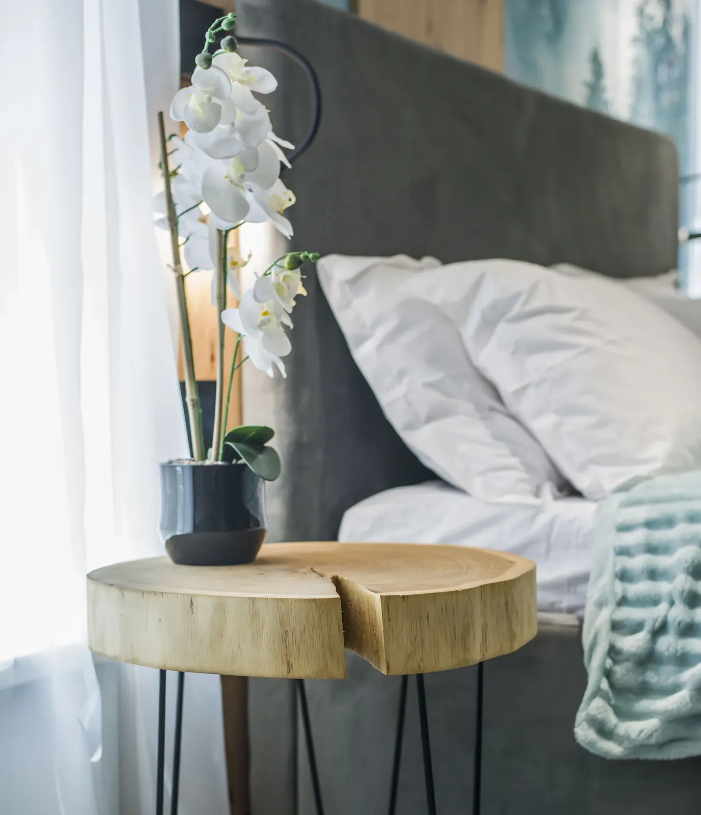 Bedside table with decorative orchid, double room MAPAMONT Văliug