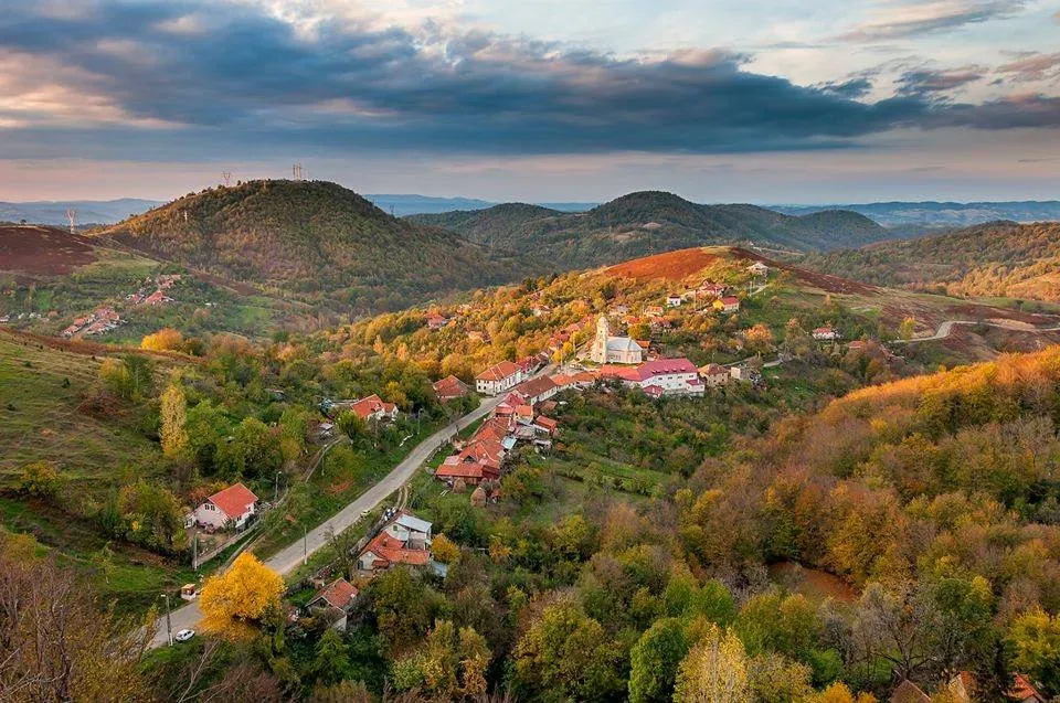 Panorama of Gărâna (Wolfsberg), the traditional Pem houses and the church, Banatul Montan