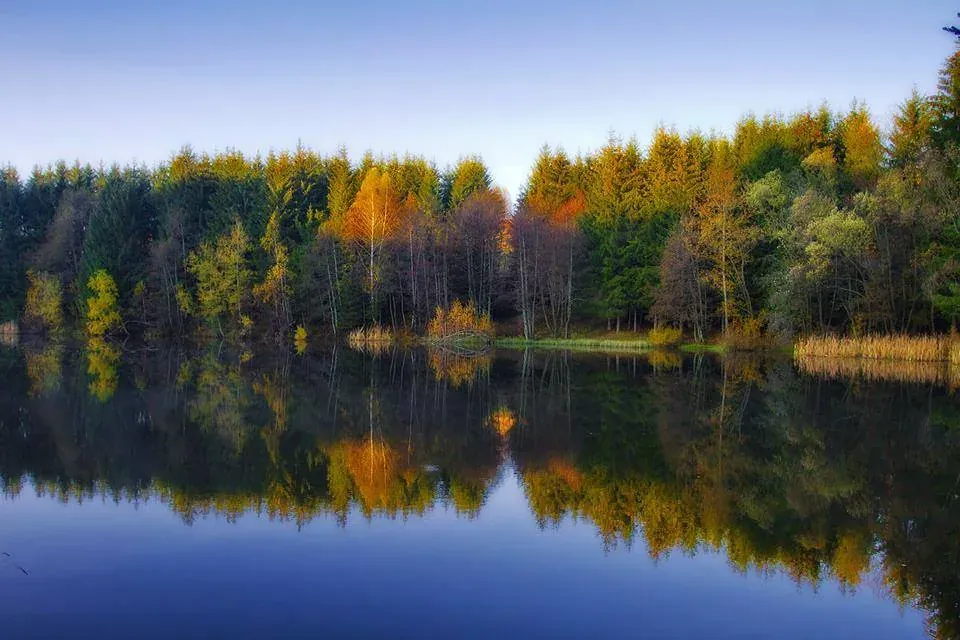 Lake Trei Ape near Brebu Nou, with the autumn forest mirrored in the water, Semenic Mountains